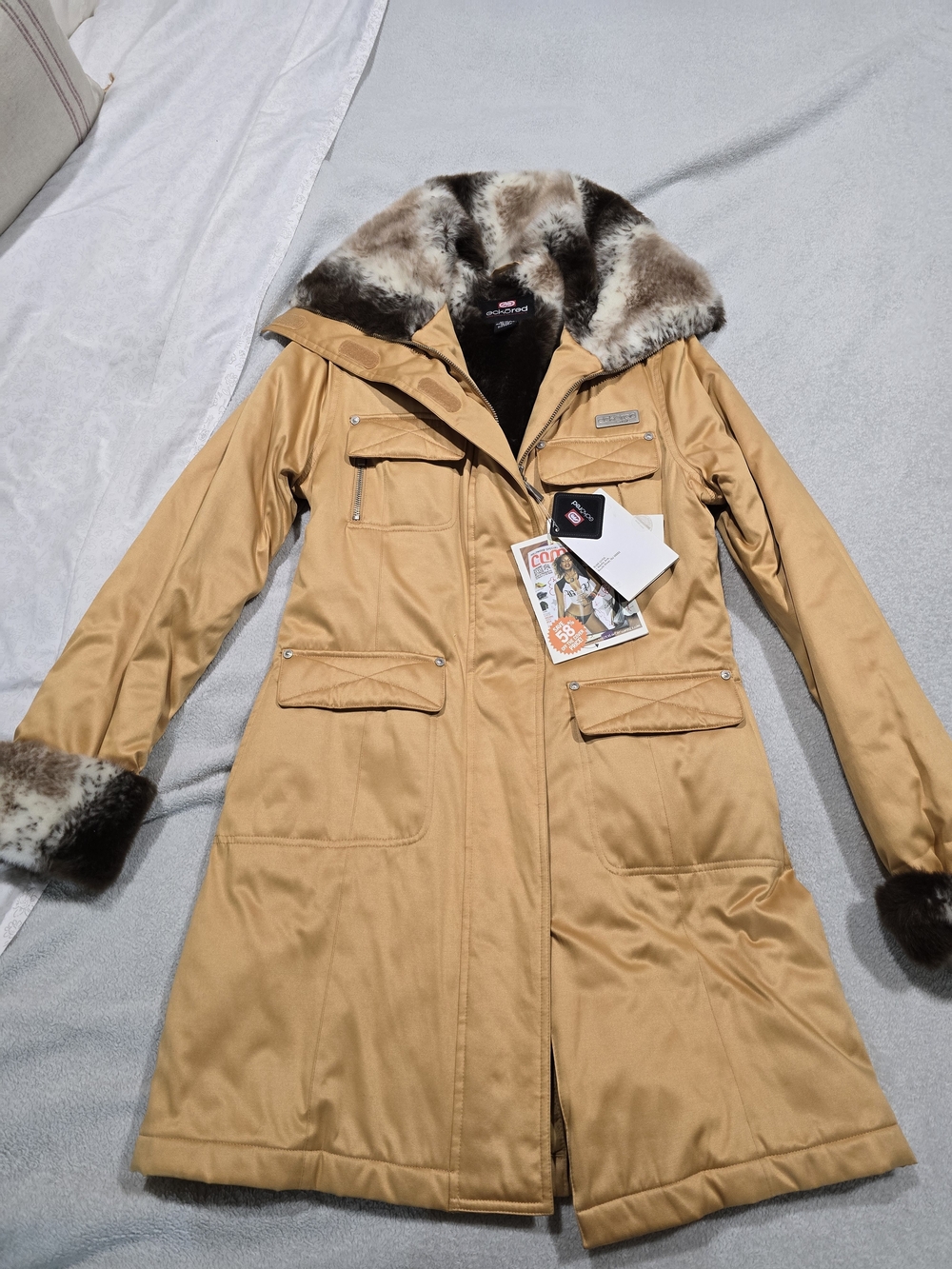 Ecko Unlimited Women's Tan Trench Coat with Faux Fur Trim